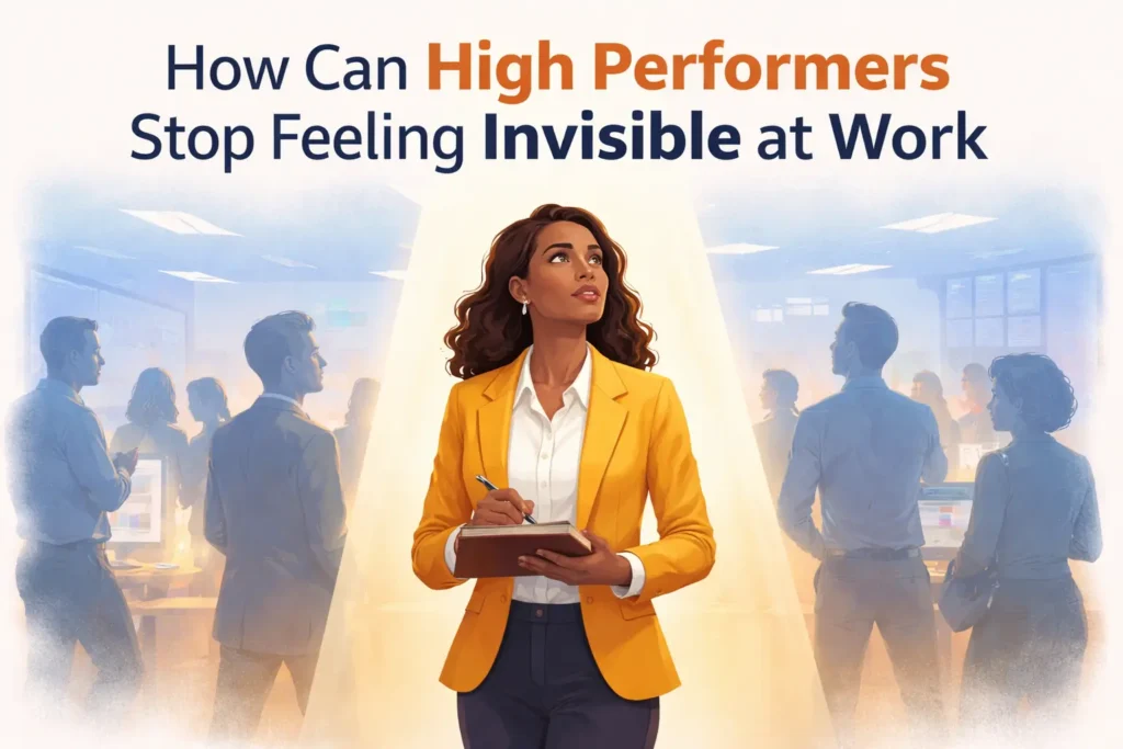 A woman executive with a light shown down on her illustrating why high performers feel invisible at work