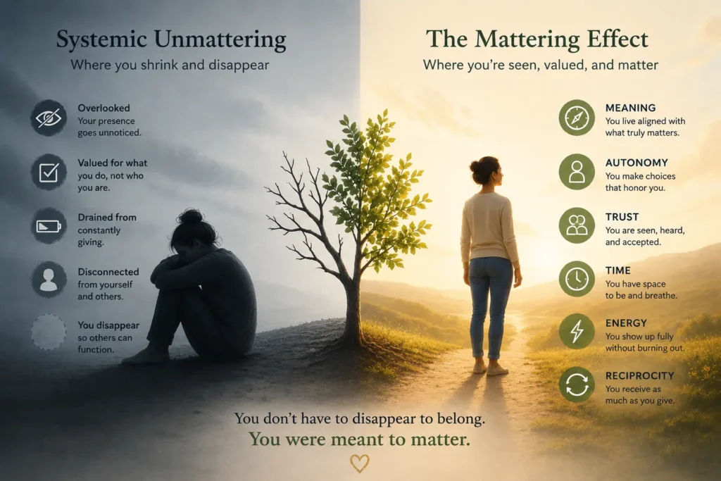 The Mattering Effect | What Is Systemic Unmattering? Why So Many People Feel Invisible — Even When They’re Showing Up A split-panel illustration contrasts systemic unmattering with the Mattering Effect. On the left, a woman sits alone in a dark, gray landscape beneath signs of emotional exhaustion, invisibility, and disconnection. On the right, the same woman stands in warm sunlight beside a flourishing tree, surrounded by the six M.A.T.T.E.R. principles: Meaning, Autonomy, Trust, Time, Energy, and Reciprocity, symbolizing restoration, visibility, and self-worth.