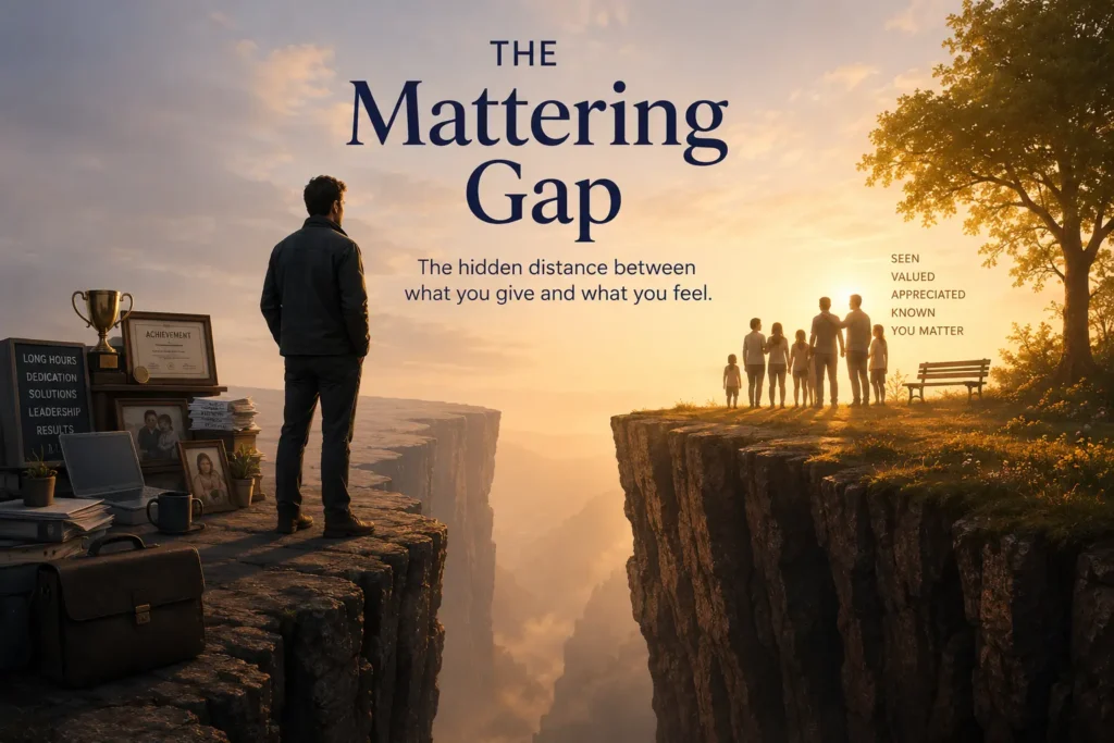 Conceptual illustration of the Mattering Gap by author John R. Miles. A successful professional stands on the edge of a canyon surrounded by symbols of achievement, work, leadership, and responsibility while looking across a widening gap toward a community representing belonging, recognition, significance, and human connection. The image symbolizes the distance between contribution and feeling valued.