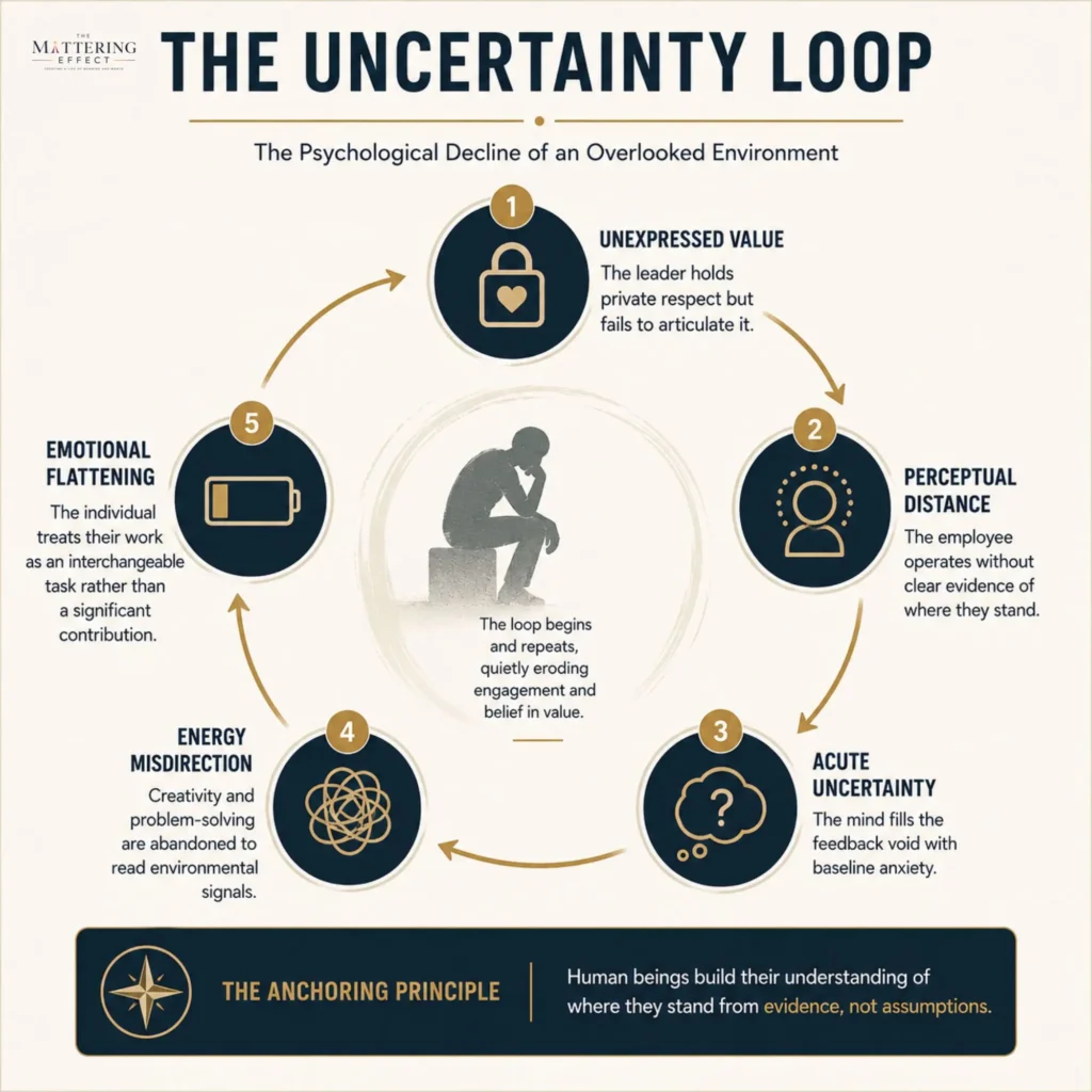 The Mattering Effect | The Visibility Illusion: Why the People You Value Feel Invisible An infographic framework detailing the five stages of psychological decline in an overlooked communication environment. The loop visualizes how unexpressed appreciation transitions into perceptual distance, acute uncertainty, misdirected energy, and eventual emotional flattening, demonstrating that human connection requires explicit evidence over silent assumptions. This is for the visibility illusion article from the mattering effect website.