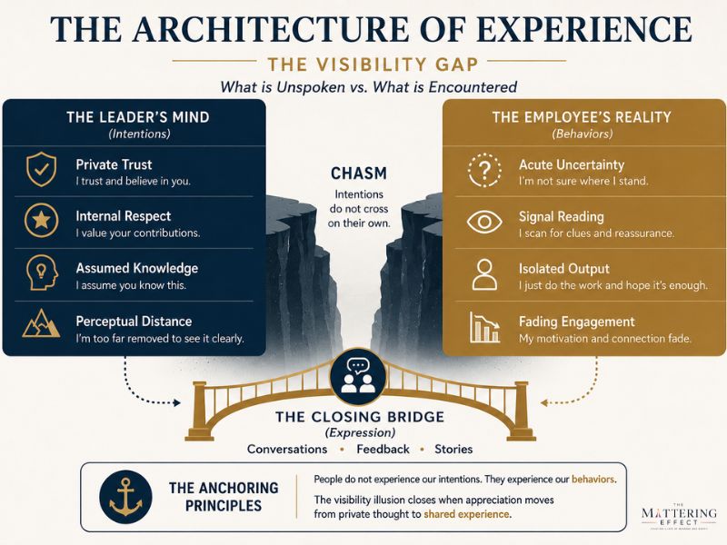 The Mattering Effect | The Visibility Illusion: Why the People You Value Feel Invisible An infographic titled "The Architecture of Experience" mapping "The Visibility Illusion: What is Unspoken vs. What is Encountered." The visual shows a deep rocky chasm separating two columns. The left side is titled "The Leader's Mind (Intentions)" and lists private trust, internal respect, assumed knowledge, and perceptual distance. The right side is titled "The Employee's Reality (Behaviors)" and lists acute uncertainty, signal reading, isolated output, and fading engagement. Dotted lines connect both columns to a golden suspension bridge spanning the gorge, labeled "The Closing Bridge (Expression): Conversations, Feedback, Stories." The dark navy footer displays an anchor icon alongside the text: People do not experience our intentions. They experience our behaviors. The visibility illusion closes when appreciation moves from private thought to shared experience.