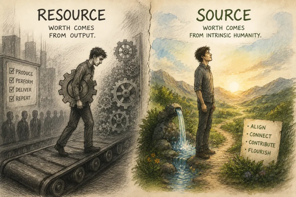 The Mattering Effect | The Anatomy of the Functional Freeze: When Useful Becomes Numb Hand-drawn editorial illustration comparing two paths to self-worth. On the left, a weary professional walks through a gray industrial landscape of gears, conveyor belts, and faceless crowds, representing a life where worth is measured by productivity and output. On the right, the same person stands beside a flowing spring in a sunlit mountain landscape, symbolizing a shift toward intrinsic worth, emotional presence, and living as a source rather than a resource. The illustration contrasts transactional utility with the deeper human experience of mattering.