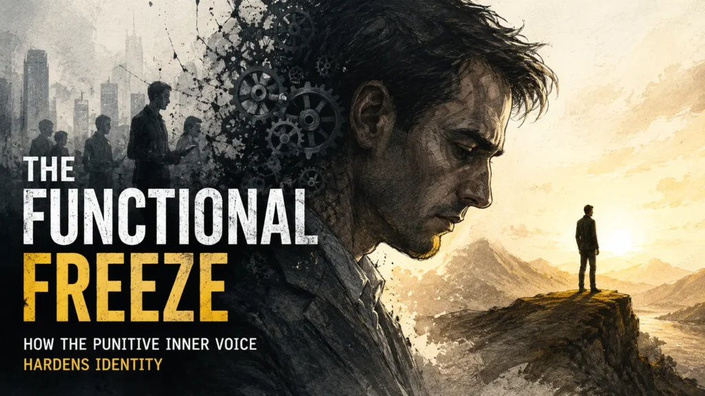 Editorial-style illustration of a high-achieving professional standing between two worlds. On one side, dark city buildings, gears, and shadowy figures represent relentless productivity and emotional disconnection. On the other, a lone figure stands on a sunlit cliff overlooking mountains, symbolizing the possibility of reclaiming identity and intrinsic worth. The image represents the Functional Freeze—the hidden psychological state in which external success masks emotional numbness and a punitive inner voice.