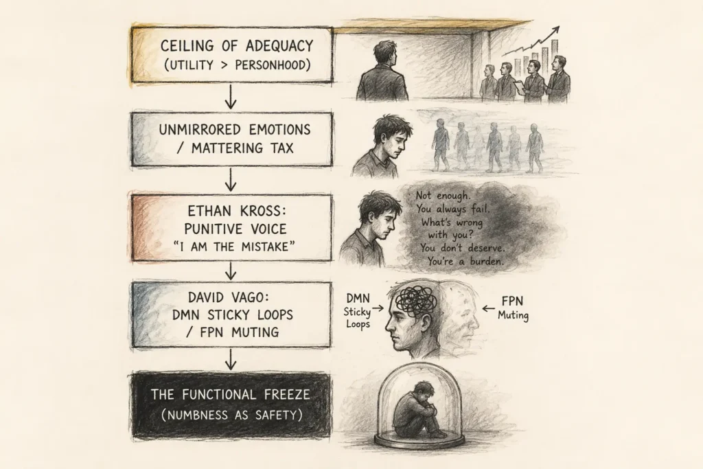 The Mattering Effect | The Anatomy of the Functional Freeze: When Useful Becomes Numb Hand-drawn pencil-and-watercolor infographic illustrating the progression into the Functional Freeze. The diagram traces five connected stages: the Ceiling of Adequacy (where utility outweighs personhood), unmirrored emotions and the mattering tax, the emergence of a punitive inner voice ("I am the mistake"), chronic threat loops and reduced emotional awareness, and finally the Functional Freeze, depicted as emotional numbness becoming a form of safety. Small sketch illustrations accompany each stage, showing a gradual movement from high performance and disconnection to emotional isolation beneath a protective glass dome.