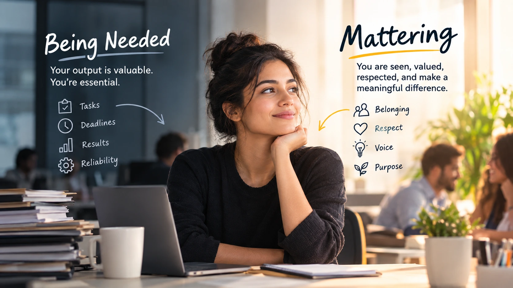 Being needed vs. mattering at work, showing an employee moving from task-focused work and deadlines to a workplace where they feel seen, valued, respected, and connected to purpose.