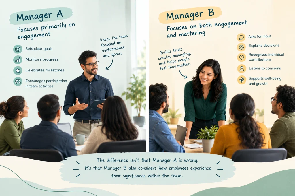 The Mattering Effect | Mattering vs. Employee Engagement: What’s the Difference and Why Does It Matter? Infographic comparing two leadership styles